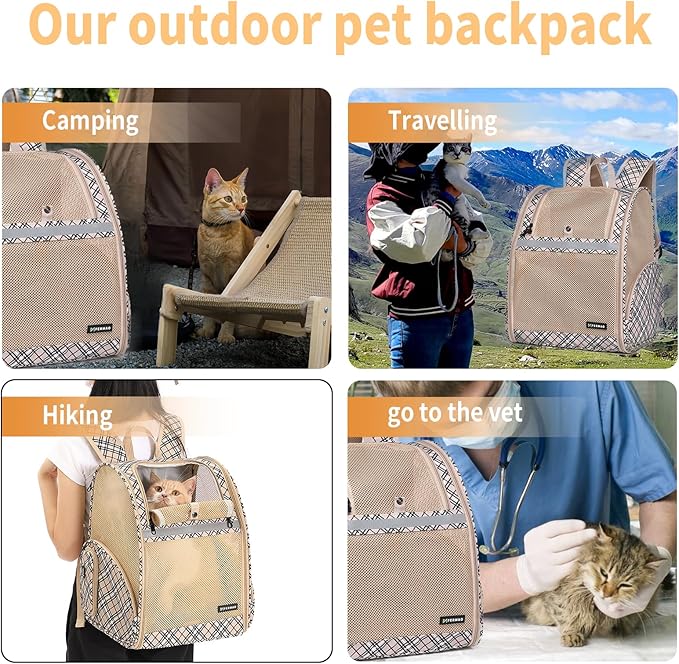 Cat Backpack Carrier for Small Dogs and Medium cat Puppy Kitten Bunny Pet Carrier Backpack Collapsible with Fully Ventilated Mesh with Safety Leash (Khaki, 12.9" L x 10.62" W x 15.5" H - M)