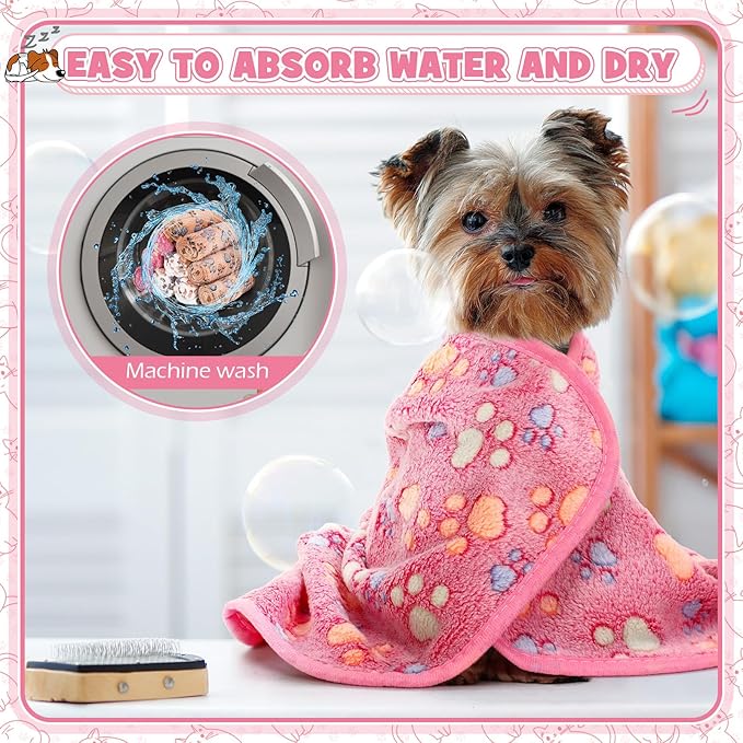 Tegeme 12 Pcs Pet Blankets Soft Fluffy Fleece Dog Cat Warm Paw Print Pattern Blankets Flannel Throw for Pets Dog Puppy Cat(23 x 16 Inch,Pink,Beige,Camel)