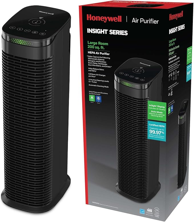 Honeywell HEPA Air Purifier for Home, 990 Ft² Rooms in 1 hour, HEPA Filter, Auto Mode, Air Quality Indicator, Reduces Allergens, Dust, Pollen, Pet Dander, All Smoke Types, Odors, Black, HPA180