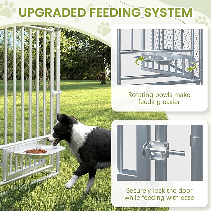 10FT x 10FT Outdoor Dog Kennel with Roof, Outside Dog Run Fence with Rotated Dog Bowls, Large Dog House Pen Enclosure with Secure Lock&Textilene Door