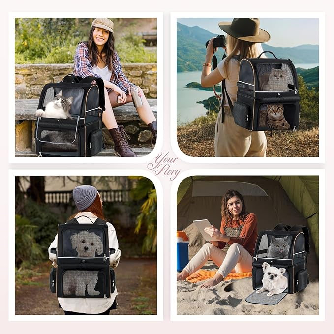 Lekebobor Double Cat Backpack Carrier for 2 Cats, Double-Compartment Pet Carrier Backpack for Two Small Cat or One Medium Cat, Cats Carrier Backpack Dog Carrier Backpack Fits Up to 24 Lbs,Black