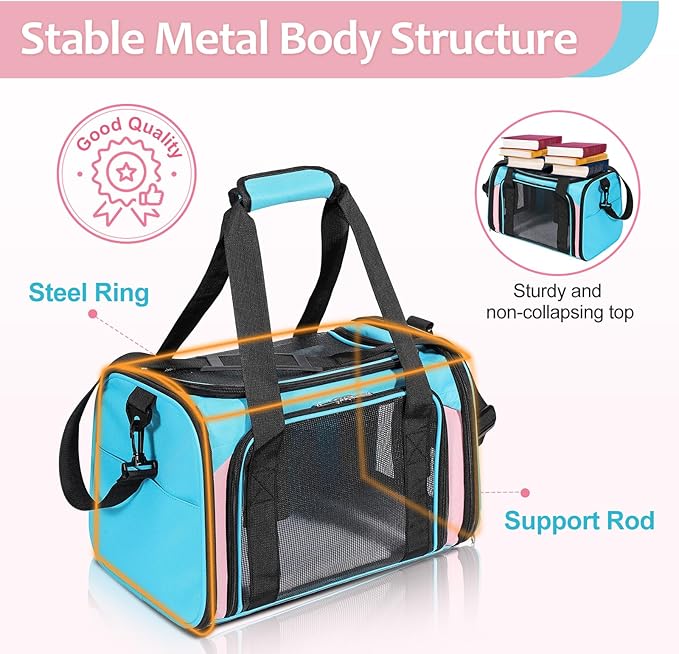 Discala Cat Dog Carrier Up to 15 Lbs TSA Airline Approved Pet Carrier for Small Medium Cats Puppies Dog Carriers for Small Dogs Collapsible Soft Sided Cat Travel Carrier - Blue&Pink 17"x11"x11"