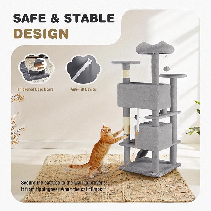 Cat Tree 54 Inch, Multi-Level Cat Tower with Condo, Perches, Sisal Scratching Posts and Climbing Ladder, Pet Play Toy Balls House for Indoor Cats, Light Grey