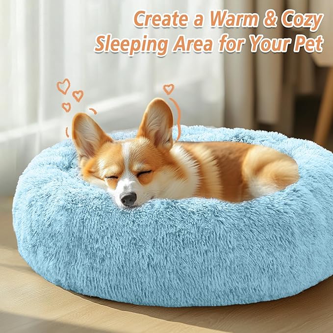 JOLLYVOGUE Calming Dog Bed Medium Size Dog, Anti-Anxiety Donut Medium Pet Bed, 31 inches Fluffy Faux Fur Round Cat Bed, Fits up to 45 lbs Pets (Light Blue)