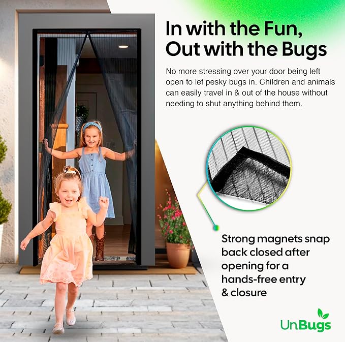 UnBugs Magnetic Screen Door - Fits Doors up to 38 x 82 Inches MAX - Pet & Kid Friendly, Self-Closing - Hands Free Magnet Closure Keeps Bugs Out & Breeze in