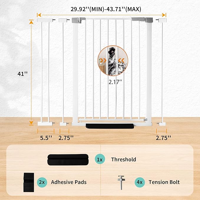 41" Tall Safety Pet Gate,Adjustable 29.92"-43.71" Wide,No Drilling Pressure Mount Kit,Auto Close Cat Gate Suitable for Stairs,Doorways,White (29.92"-43.71" W)