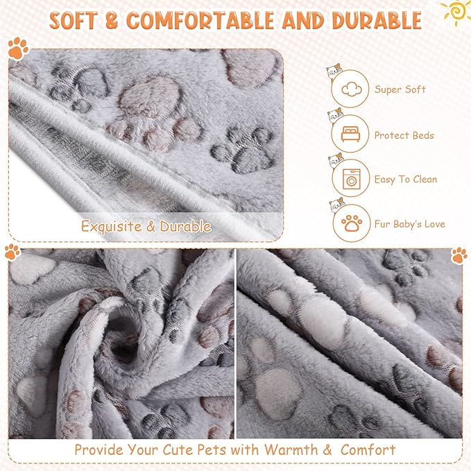 Tatuo 4 Pcs Dog Blanket for Pet Cat Blankets Indoor Puppy Teething Stuff Toys Paw Print Fleece Soft Blanket Sleep Mat for Guinea Pig Cage(Gray,X-Large(41 x 30 Inch),Square)
