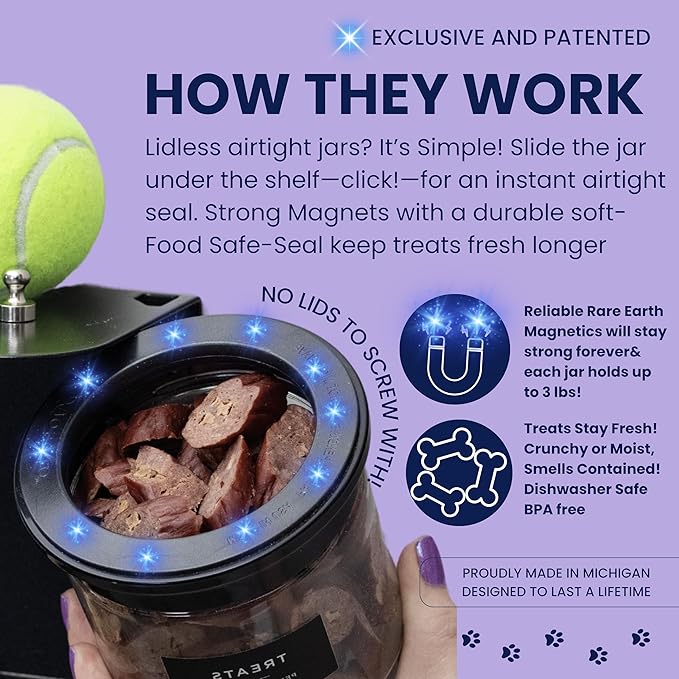 Dog Treat Holder for Wall Storage for Pets, Premium Pet Wall Organizer, Includes Two 16oz Airtight Dog Treat Jars, 3 Sets of Triple Hooks, Sturdy Shelf in Modern Black