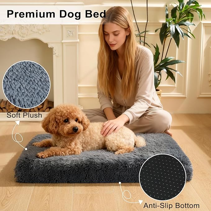Fluffy Orthopedic Dog Beds for Large Dogs with Washable Removable Cover Dog Crate Bed Egg Crate Foam Support Plush Pet Pad Mat with Anti-Slip Bottom (42 * 28,Dark Grey)