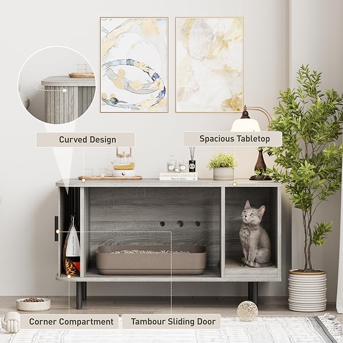 Cat Litter Box Enclosure with Cat Scratch Pad, Sliding Door, 37.4" Litter Box Enclosure Furniture Hidden Litter Box, Modern Indoor Cat House, TV Stand, Side End Table for Living Room, Grey