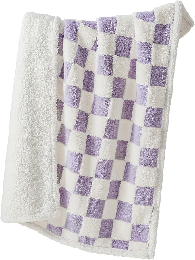 LE SURE Waterproof Dog Blanket for Medium Dogs - Washable Double Sided Dog Blankets with Warm Jacquard Shag and Soft Sherpa Fleece, Pet Cat Blanket for Couch Protection, 3D Textured Checks, Purple