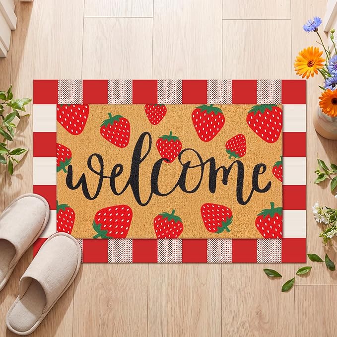 Tinideya 2 Pcs Strawberry Door Mat Fruit Pattern Design Welcome Non Slip Coir Mats Red and White Plaid Floor Layering Doormats Seasonal for Front Porch Entryway Decor(Strawberry)