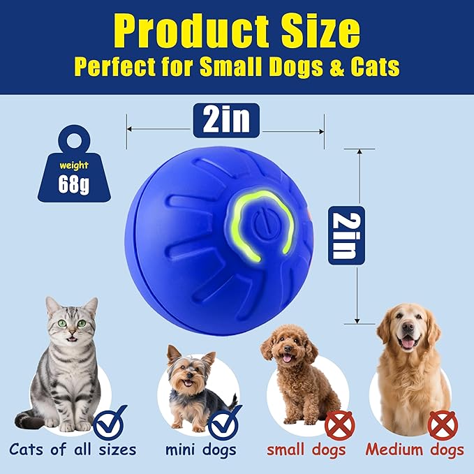 BIONEMAGILI Interactive Self-Moving Pet Toy Ball - Motion-Activated Auto Rolling, Military-Grade Chew Resistant, USB-C Rechargeable for Small Dogs & Cats (Blue, Small/Medium Sizes)