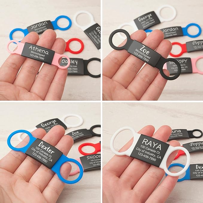 Anavia Slide On Silent Pet ID Tags, S/M/L/XL Personalized Black Stainless Steel Colored Silicone Cat Dog Name Tag, Customized Engraved Nameplate, Quiet Chew-Proof Pet Collar Tag (Red, Medium)