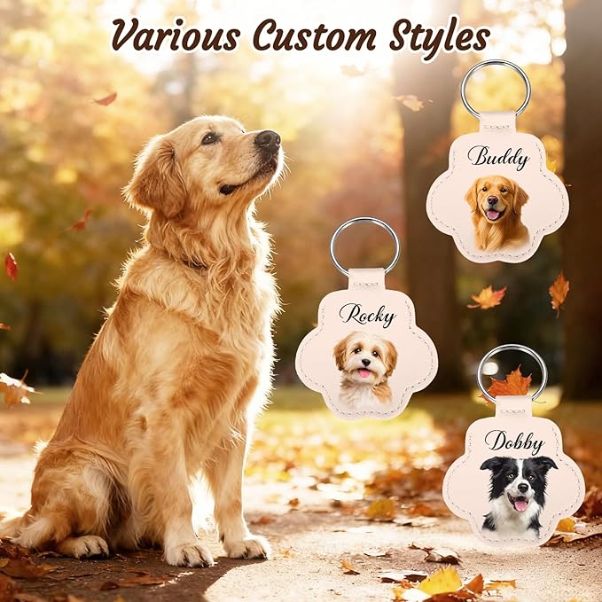Personalized Dog Hair Keychain with Photo Name, Custom Pet Fur Keepsake, Pet Memorial Gifts for Dogs,Pets Paw Shaped Leather Keychain, Cat Memorial Gifts for Loss of Cat, Christmas Gift for Dog Lover