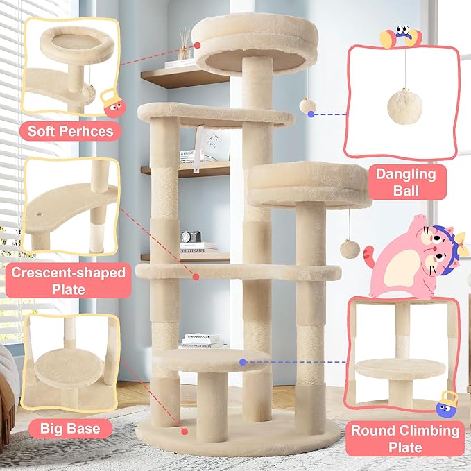 Allewie 55.5 in Cat Tree for Indoor Kitties/Soft Plush Perches/Multi-Level Cat Tower/Sisal Scratching Posts/Crescent Plates/Round Jumping Board/Hanging Ball/Pet Activity Center/Beige