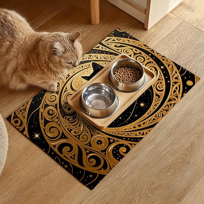 Cat Feeding Mat 24x16 inch Gold Black Artistic Cat Print Pet Bowl Placemat Non Slip Floor Mat for Food and Water Indoor Kitty Feeding Station Elegant Meal Pad for Small Pets Kitchen Use