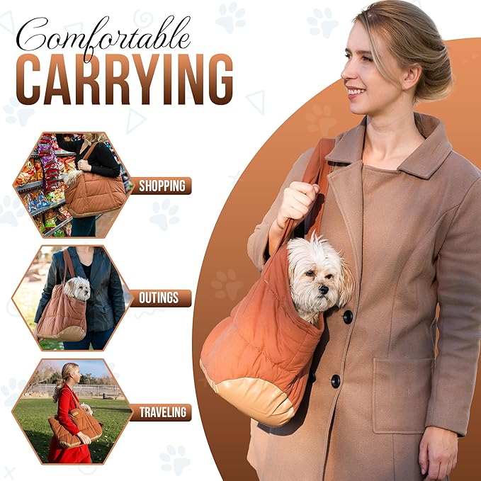 Plush Dog Purse Carrier for Small Dogs, Soft Dog Tote Bag with Safety Harness Clip, Cozy Pet Carrier for Dogs Under 15 lbs, Comfortable Dog Shoulder Carrier for Travel, Brown