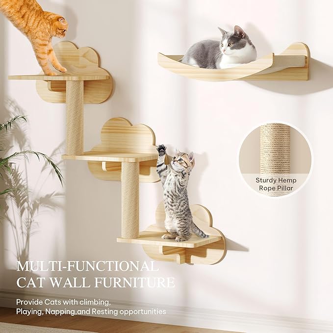13-in-1 Cat Wall Shelves and Perches, Floating Cat Shelves, Solid Wood Wall Mounted Cat Furniture, Cat Climbing Shelves with Moon Hammock, House, Wall Ladder, Scratching Post and Cat Tunnel