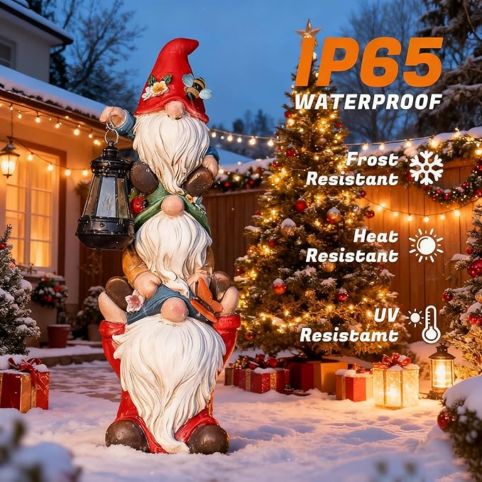 17 in Large Garden Gnome Statue with Solar Lights Sculptures Funny Triple Big Gnome Outdoor Patio Lawn Yard Balcony Garden Home Decor Gifts for Women Mom