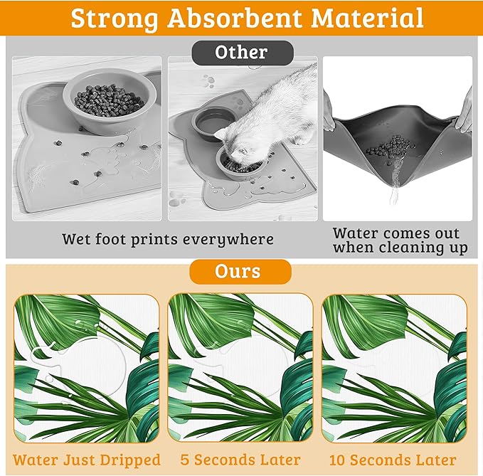 Dog Bowl Mat,Leaves Pet Feeding Mat for Floors Waterproof,Tropical Palm Absorbent Dogs Placemat for Food and Water Quick Dry Pet Cat Feeding Mats with Non Slip Bottom 12" x 20"
