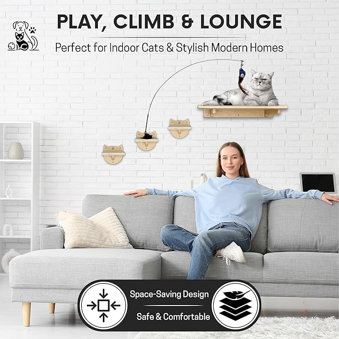 Snuggle & Play Cat Wall Shelves & Climbing System – Modern Furniture Set with 3 Steps & Perch for Indoor Cats, Includes Wand Toy