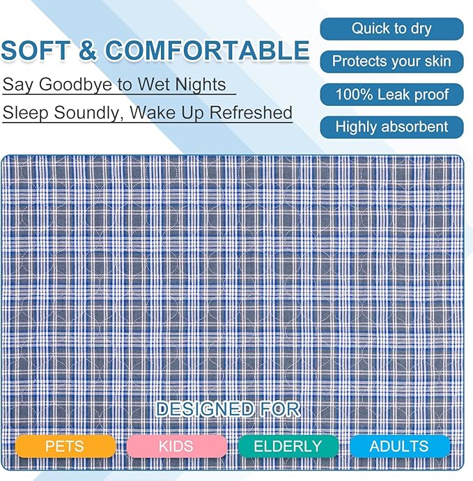 OUTCREATOR® Washable Bed Pads 34" x 54" (Pack of 2) for Incontinence Mattress Protector, Reusable Underpads for Elderly, Adults, Kids, Pets with Anti-Slip Bottom (Light Blue Plaid)