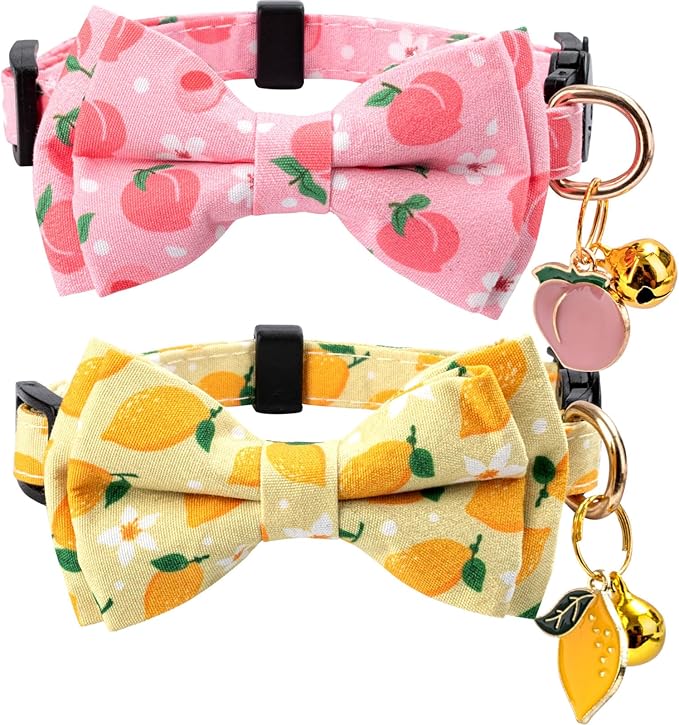 2 Pack Cotton Cat Collar with Bow Tie and Bell for Male Female Cats,Soft Fancy Breakaway Kitty Kitten Collar with Ghost& Pumpkin Patterned Design for Boy Girl Cats. (Peach&Lemon)