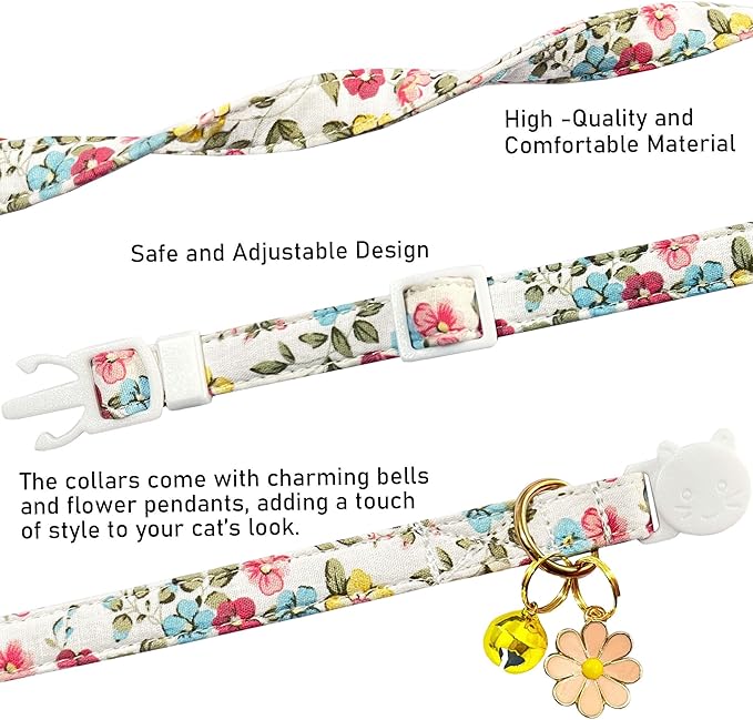 2 Pack Cotton Breakaway Cat Collars Set with Bell and Flower Pendant, Cute Floral Fruit Patterned, Adjustable 7.5-11Inch, Include A Mouse Toy Gift (Vintage+ Small Pink Flower)