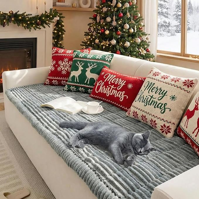 FUNNY FUZZY Pet Couch Covers for Sofa, Washable Dog Couch Cover Protector for Dogs, Flannel Couch Covers for Dogs Pet Friendly Pets Mat Bed Sofa Cover (Blue-Grey, 27.6"×59.1")