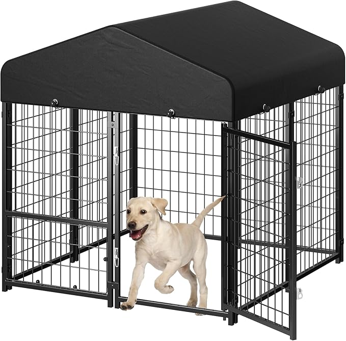 Dog Kennel Outdoor, Outside Dog Kennel with Roof & Removable Doggy Door Allow Connecting Your Dog House, Square Pet Enclosure Dog Run Yard for Medium/Small Dogs(4'L x 4'W x 4.6'H)