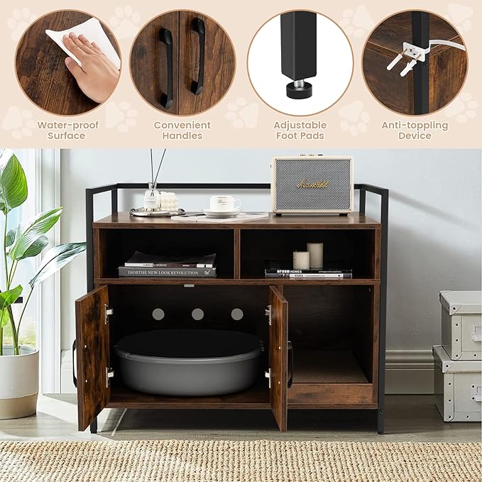 Giantex Cat Litter Box Enclosure - Cat Washroom Hidden Furniture with Front Entry, Scratcher, 2-Door Storage Cabinet, 2 Compartments, Air Vents, Metal Frame, Wooden Pet Crate House (Rustic Brown)
