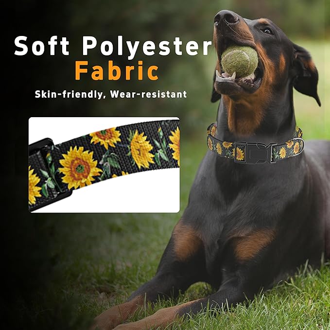 Dog Collar for Boys Girls, Sunflower Puppy Collar for Small Medium Large Dogs, Adjustable Soft Floral Pet Collar with Safety Buckle for Male Females(Black Sunflower,M)