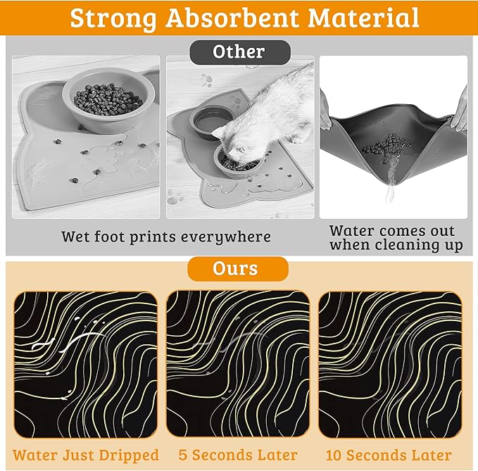 Dog Bowl Mat,Abstract Map Pet Feeding Mat for Floors Waterproof,Golden Lines Texture Absorbent Dogs Placemat for Food and Water Quick Dry Pet Cat Feeding Mats with Non Slip Bottom 12" x 20"