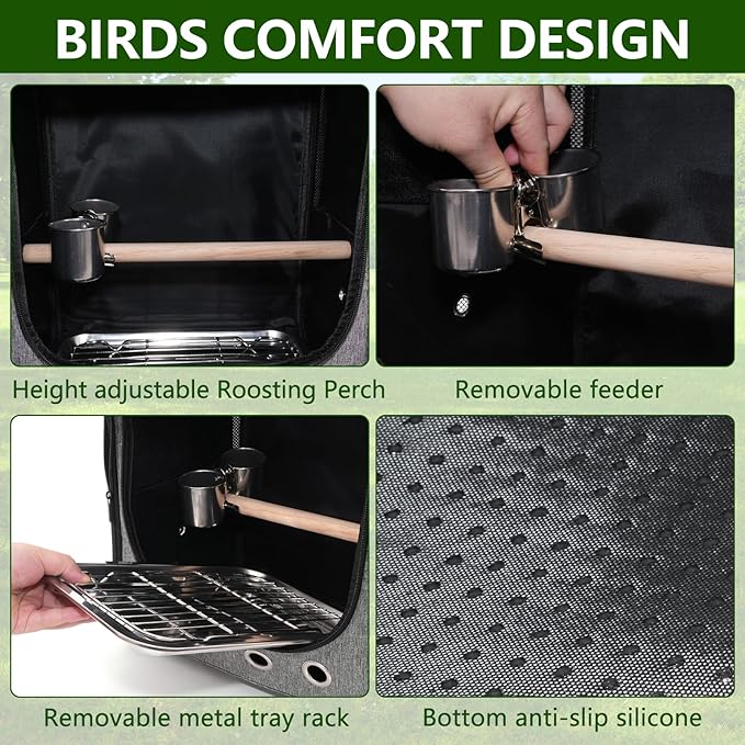 Foldable Bird Carrier Bag, Bird Backpack with Perch and Food Bowl, Stainless Steel Tray, A Portable Travel Bird Cage That is Easy to Clean, Pet Transparent Breathable Travel Cage
