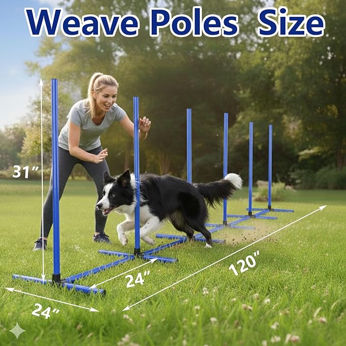 6 Weave Poles & 2 Hurdle Dog Agility Set, Indoor & Outdoor Training Equipment with Support Feet, 31" Height, 24" Spacing, Storage Bag