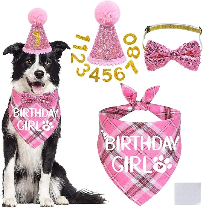 STMK Dog Birthday Outfits, Multi Size Dog Birthday Hat Dog Birthday Girl Bandana Bow Tie Birthday Numbers for Medium Large Dogs Pets (Pink, Large)