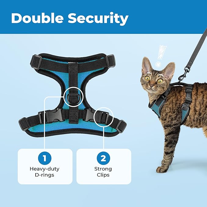 Voyager Escape-Proof Step-in Lock Cat Harness & 5ft Neoprene-Handle Leash Set All-Weather Mesh with Reflective Stitching for Small to Large Cats by Best Pet Supplies, Black Trim-Turquoise (327), XXXS