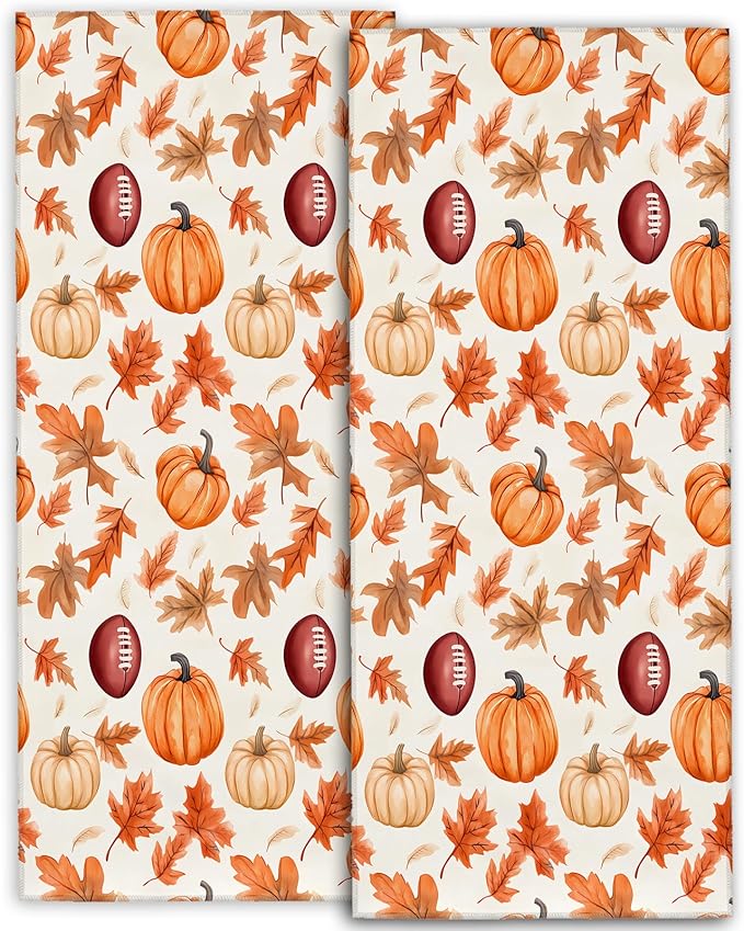 Autumn Pumpkin and Football Hand Towels - 2 Pack, 14.5" X 28",Soft Microfiber Polyester Towel Set with Festive Fall Leaves,for Fun Bathroom Kitchen Spa Hotel Decor Thanksgiving Gifts