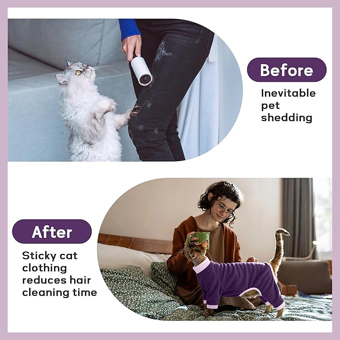 PUMYPOREITY Cat Hair Sticky Sweater, Recovery Suit - Breathable & Lightweight for Post-Surgery Protection, Cat Onsie Prevents Licking Wounds, Purple, 2XL