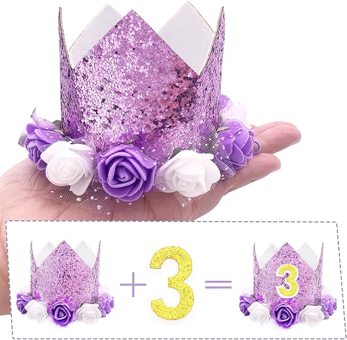 PET SHOW Purple Crown Dog Birthday Party Hat for Girls Reusable Party Supplies Cat Kitten Headband with 0-9 Figures Charms Costume Accessories with Glue