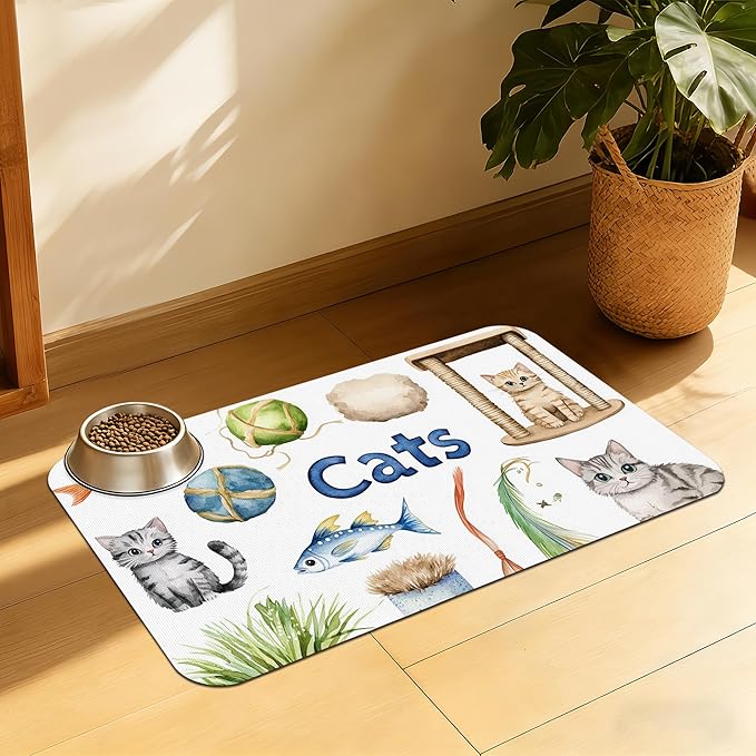 Cat Fun Pet Feeding Mat, Absorbent Bowl Pad for Dogs and Cats, Fast Dry, Non-Slip Back, Indoor Use – 12x20 Inch