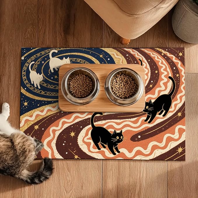 Pet Feedings Mats 20x12 inch Black Cat Design Pet Bowl Placemat Non Slip Mat for Cats Food and Water Indoor Kitty Feeding Station Artistic Cats Meal Mat for Small Pets Kitchen Floor Use