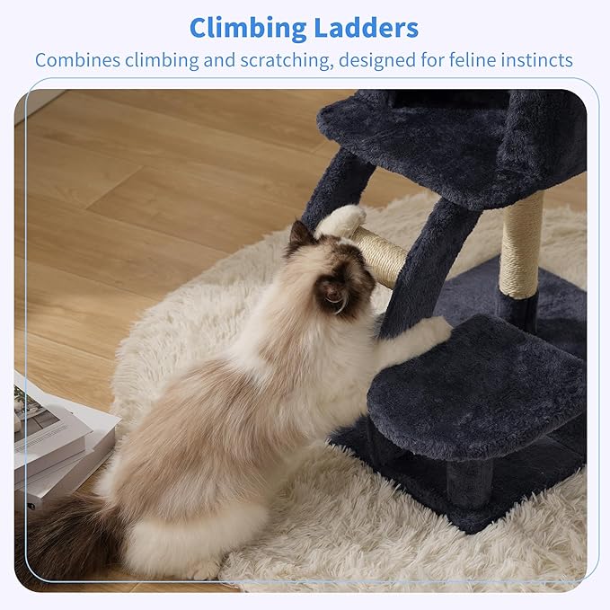 Heybly Cat Tree Tower, Cat condo for Indoor Kittens, Cat House with Wide Plush Top Perch, Ladder, Basket, Sisal-Covered Scratching Posts, Cozy Activity Center for pet, Smoky Gray HCT009SG
