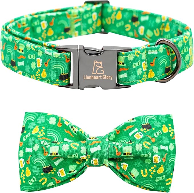 Lionheart glory Dog Bow Collar St. Patrick's Day Dog Collar for Medium Dogs, Adjustable Green Collars Lucky Clover Shamrock Dog Collar with Bowtie Pet Collar Bows