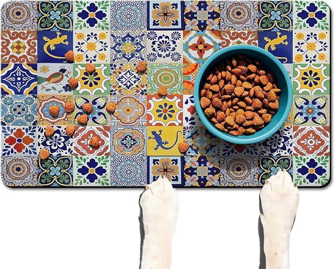 Moroccan Trellis Dog Food & Water Mat, Mexican Talavera Boho Colorful Pet Feeding Mat for Floor Non-Slip Waterproof, Super Absorbent Cat Bowl Mat, Easy to Clean Durable Pet Placemat,17" × 30"