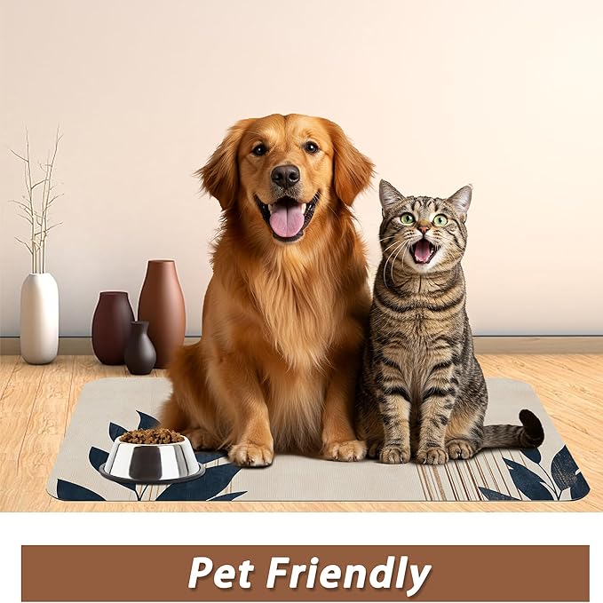Sun Boho Leaf Dog Cat Food Mat,Absorbent Pet Feeding Mat for Food and Water,Non-Slip Dog Bowl Mats Floor Protector 16"x24"