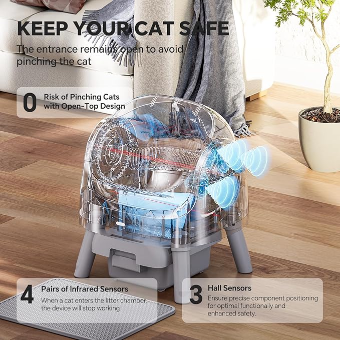 Automatic Self Cleaning Litter Box, with 4 Pairs Infrared Senor, Open-Top Design for Multi-Cat Homes, Comes with Liner Bags and Cat Litter Mat, Grey