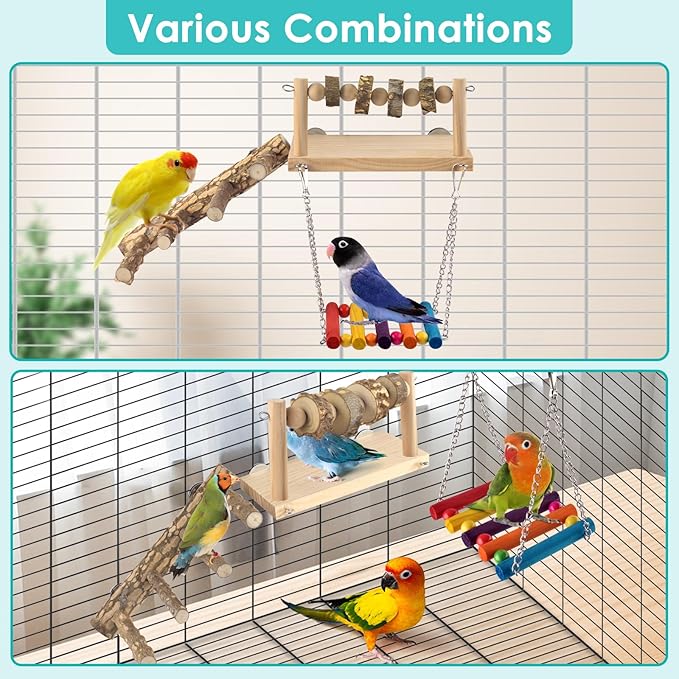 4 Pcs Bird Perch with Swing, Parrot Perches Platform with Chew Blocks, Natural Climbing Ladder Bridge Colorful Hammock for Budgies, Cockatiels, Lovebirds, Finches