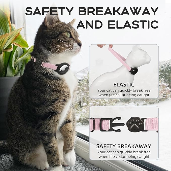 AirTag Cat Collars, Stretchy Collar with Apple AirTag Holder and Bell, Breakaway Ultra Design Elastic GPS Tracking Collars for Cats and Puppies, (7.5-12.5 Inch), Pink